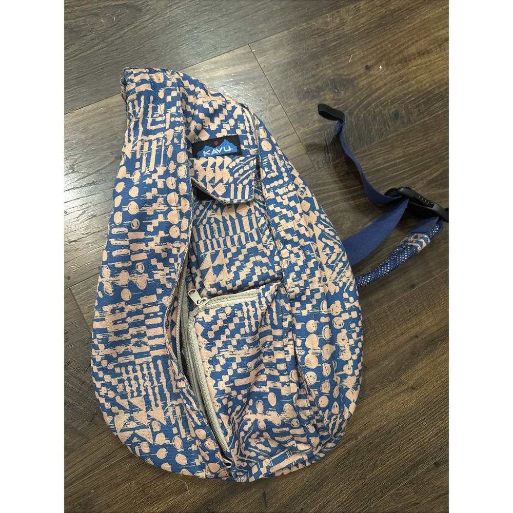 Kavu Sling Bag Canvas Rope Backpack Geometric Shape Pattern Blue Apricot